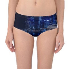 Illuminated Cityscape Against Blue Sky At Night Mid-waist Bikini Bottoms by Modalart