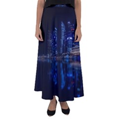 Illuminated Cityscape Against Blue Sky At Night Flared Maxi Skirt by Modalart