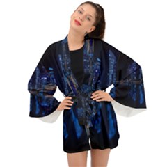 Illuminated Cityscape Against Blue Sky At Night Long Sleeve Kimono by Modalart