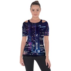 Black Building Lighted Under Clear Sky Shoulder Cut Out Short Sleeve Top by Modalart