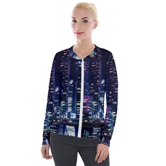 Black Building Lighted Under Clear Sky Velvet Zip Up Jacket by Modalart