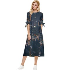 Photo Of Buildings During Nighttime Bow Sleeve Chiffon Midi Dress by Modalart