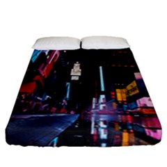 Roadway Surrounded Building During Nighttime Fitted Sheet (queen Size) by Modalart