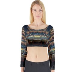 Blue Yellow And Green Lighted Pagoda Tower Long Sleeve Crop Top by Modalart