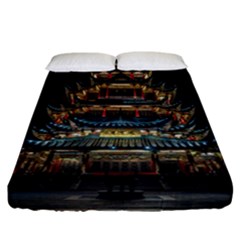 Blue Yellow And Green Lighted Pagoda Tower Fitted Sheet (california King Size) by Modalart