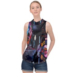 Roadway Surrounded Building During Nighttime High Neck Satin Top by Modalart