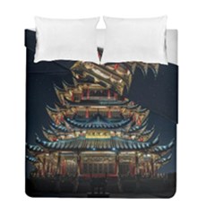 Blue Yellow And Green Lighted Pagoda Tower Duvet Cover Double Side (full/ Double Size) by Modalart