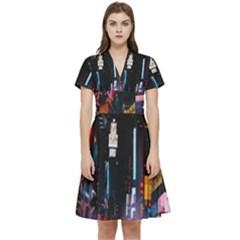 Roadway Surrounded Building During Nighttime Short Sleeve Waist Detail Dress by Modalart