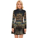 Blue Yellow And Green Lighted Pagoda Tower Long Sleeve Velour Longline Dress View1