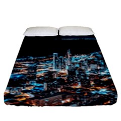 Aerial Photography Of Lighted High Rise Buildings Fitted Sheet (queen Size) by Modalart