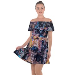 Aerial Photo Of Cityscape At Night Off Shoulder Velour Dress by Modalart