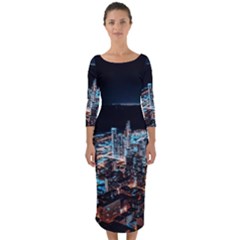 Aerial Photography Of Lighted High Rise Buildings Quarter Sleeve Midi Bodycon Dress by Modalart