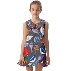 Sea Animals Pattern Wallpaper Fish Kids  Pilgrim Collar Ruffle Hem Dress by Grandong