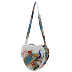 Birds Peacock Artistic Colorful Flower Painting Heart Shoulder Bag by Sarkoni