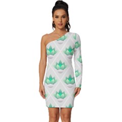 Plant Pattern Green Leaf Flora Long Sleeve One Shoulder Mini Dress by Sarkoni