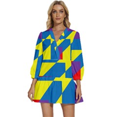 Colorful Red Yellow Blue Purple V-neck Placket Mini Dress by Grandong