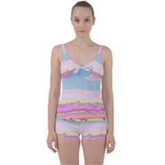 Pink And White Forest Illustration Adventure Time Cartoon Tie Front Two Piece Tankini by Sarkoni