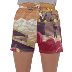 Animated Castle Illustration Adventure Time Cartoon Nature Sleepwear Shorts by Sarkoni