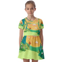 Green Field Illustration Adventure Time Multi Colored Kids  Short Sleeve Pinafore Style Dress by Sarkoni