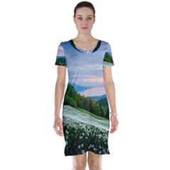 Field Of White Petaled Flowers Nature Landscape Short Sleeve Nightdress by Sarkoni