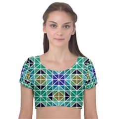 Mosaic Triangle Symmetry Velvet Short Sleeve Crop Top  by Apen