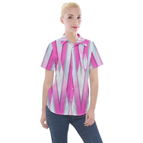 Geometric 3d Design Pattern Pink Women s Short Sleeve Pocket Shirt by Apen