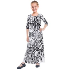 Roses Bouquet Flowers Sketch Kids  Quarter Sleeve Maxi Dress by Modalart