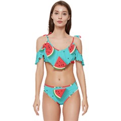 Watermelon Fruit Slice Ruffle Edge Tie Up Bikini Set	 by Bedest