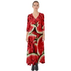 Watermelon Fruit Green Red Button Up Boho Maxi Dress by Bedest