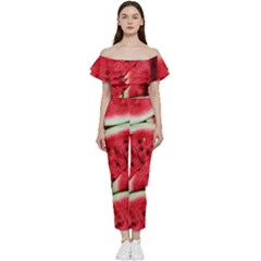 Watermelon Fruit Green Red Bardot Ruffle Jumpsuit by Bedest