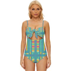 Checkerboard Squares Abstract Art Knot Front One-piece Swimsuit by Ravend