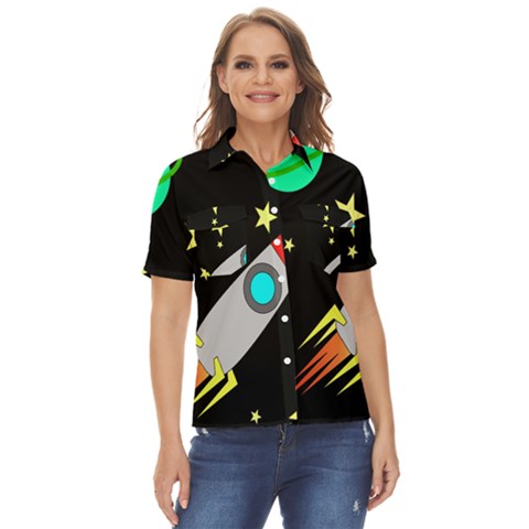 Planet Rocket Space Stars Women s Short Sleeve Double Pocket Shirt by Ravend