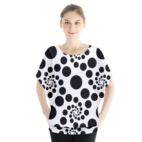 Dot Dots Round Black And White Batwing Chiffon Blouse by Ravend