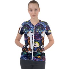 Cartoon Art Starry Night Van Gogh Short Sleeve Zip Up Jacket by Modalart