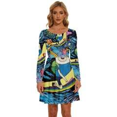 Adventure Time Art Starry Night Van Gogh Long Sleeve Wide Neck Velvet Dress by Modalart