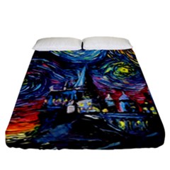 Castle Hogwarts Starry Night Print Van Gogh Parody Fitted Sheet (california King Size) by Modalart