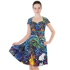 Dog Cartoon Starry Night Print Van Gogh Parody Cap Sleeve Midi Dress by Modalart