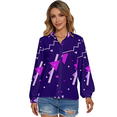 Purple Blue Geometric Pattern Women s Long Sleeve Button Up Shirt by Pakjumat