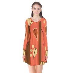 Amber Yellow Stripes Leaves Floral Long Sleeve V-neck Flare Dress by Pakjumat