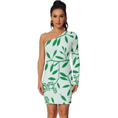 Leaves Foliage Green Wallpaper Long Sleeve One Shoulder Mini Dress by Amaryn4rt