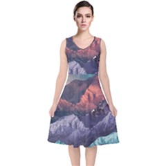 Adventure Psychedelic Mountain V-neck Midi Sleeveless Dress  by Modalart