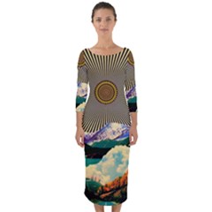 Surreal Art Psychadelic Mountain Quarter Sleeve Midi Bodycon Dress by Modalart