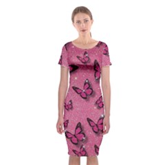 Pink Glitter Butterfly Classic Short Sleeve Midi Dress by Modalart