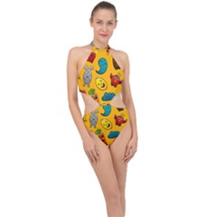 Graffiti Characters Seamless Ornament Halter Side Cut Swimsuit by Bedest