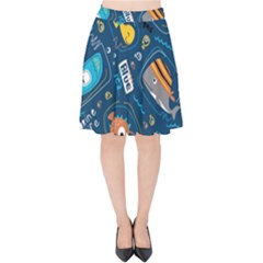 Seamless Pattern Vector Submarine With Sea Animals Cartoon Velvet High Waist Skirt by Bedest