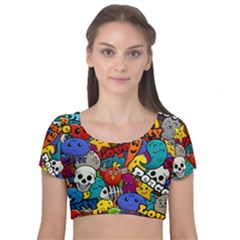 Graffiti Characters Seamless Pattern Velvet Short Sleeve Crop Top  by Bedest