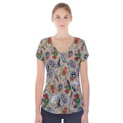 Tattoo Pattern Short Sleeve Front Detail Top by Bedest