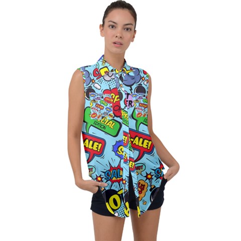 Comic Bubbles Seamless Pattern Sleeveless Chiffon Button Shirt by Bedest