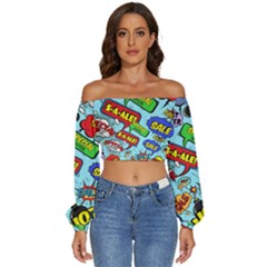 Comic Bubbles Seamless Pattern Long Sleeve Crinkled Weave Crop Top by Bedest