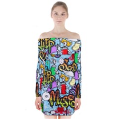 Graffiti Characters Seamless Patterns Long Sleeve Off Shoulder Dress by Bedest